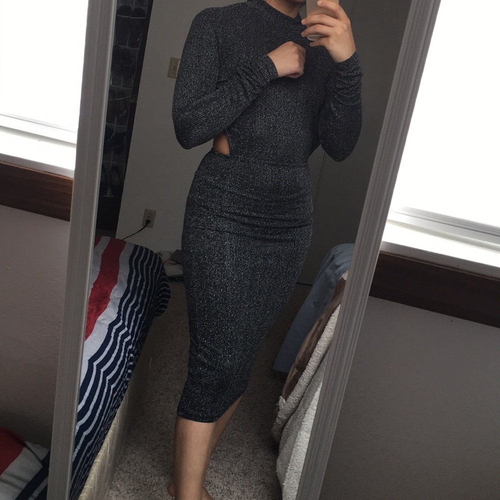 grey ribbed knit open back sparkle dress